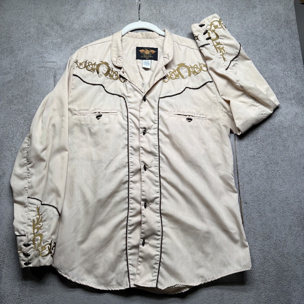 El General Western Shirt‎ Embroidered Cowboy Button Up Tan Beige Men's Medium